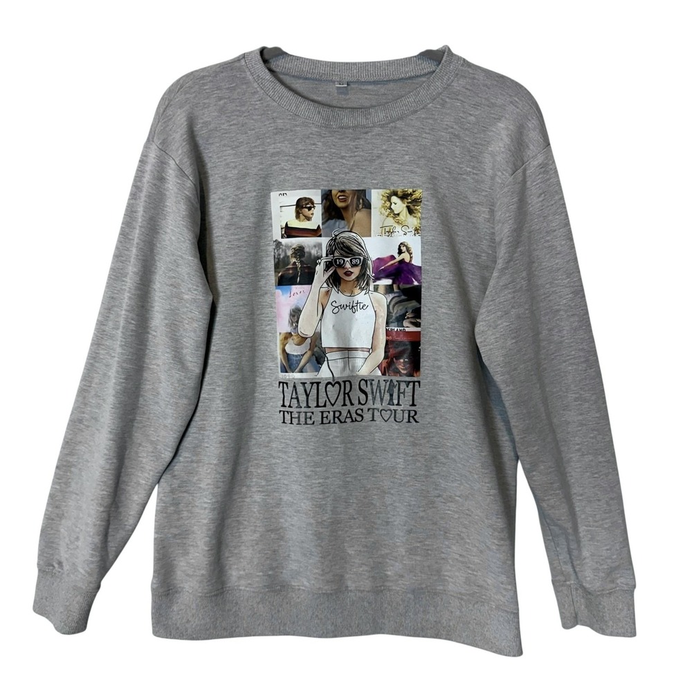 Taylor Swift Sweatshirt Womens Medium Gray Eras Tour Graphic Pullover Crewneck